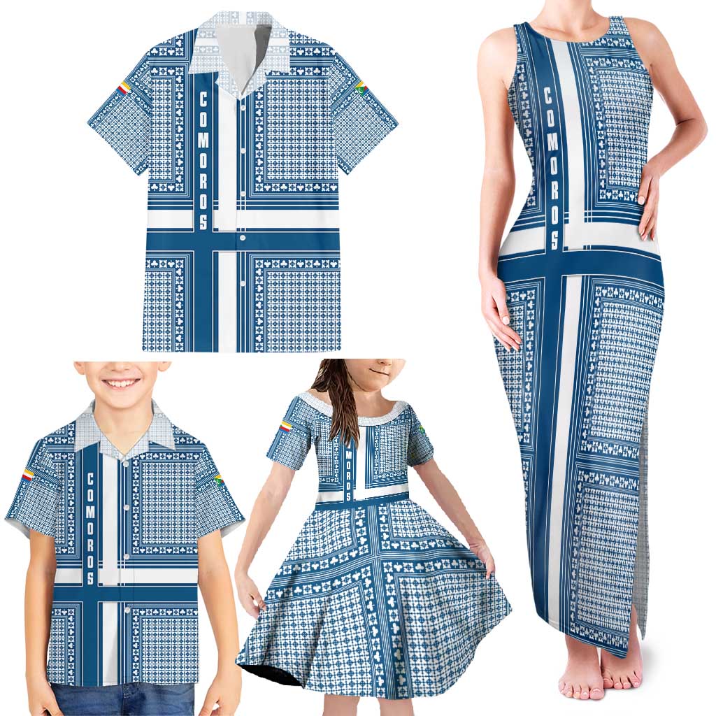 Comoros Family Matching Tank Maxi Dress and Hawaiian Shirt with Blue and White Traditional Geometric Pattern and National Flag Detail