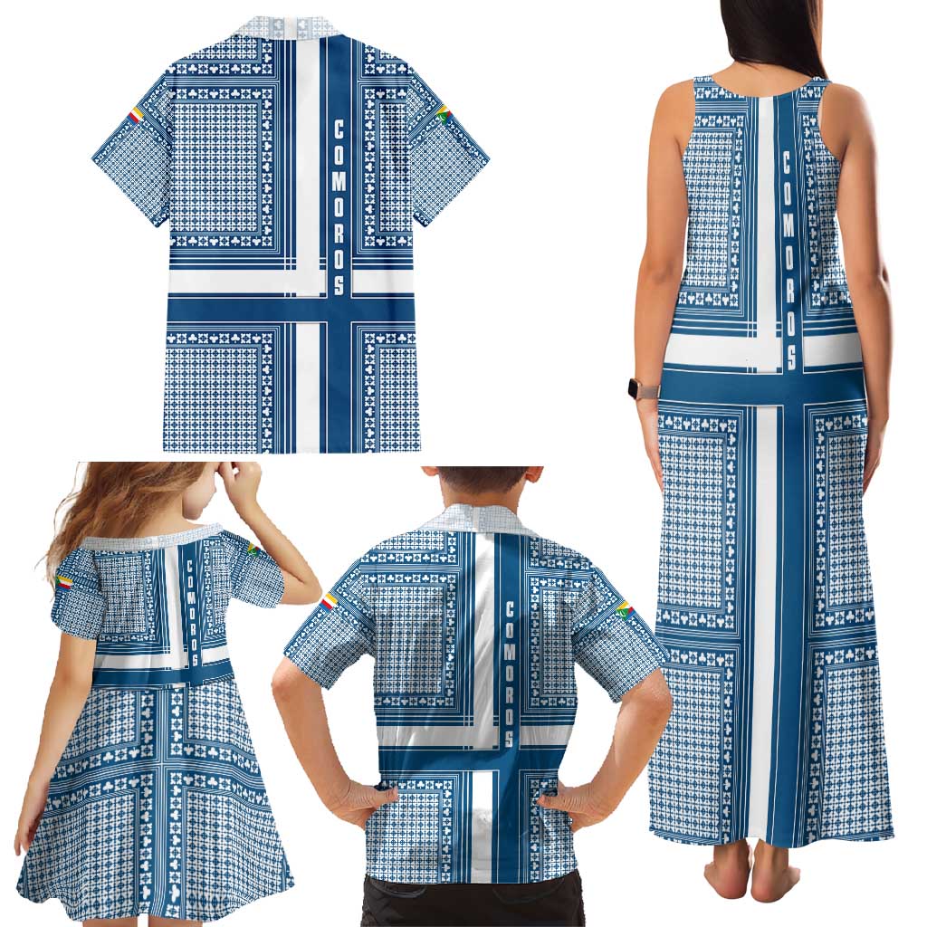 Comoros Family Matching Tank Maxi Dress and Hawaiian Shirt with Blue and White Traditional Geometric Pattern and National Flag Detail