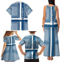 Comoros Family Matching Tank Maxi Dress and Hawaiian Shirt with Blue and White Traditional Geometric Pattern and National Flag Detail