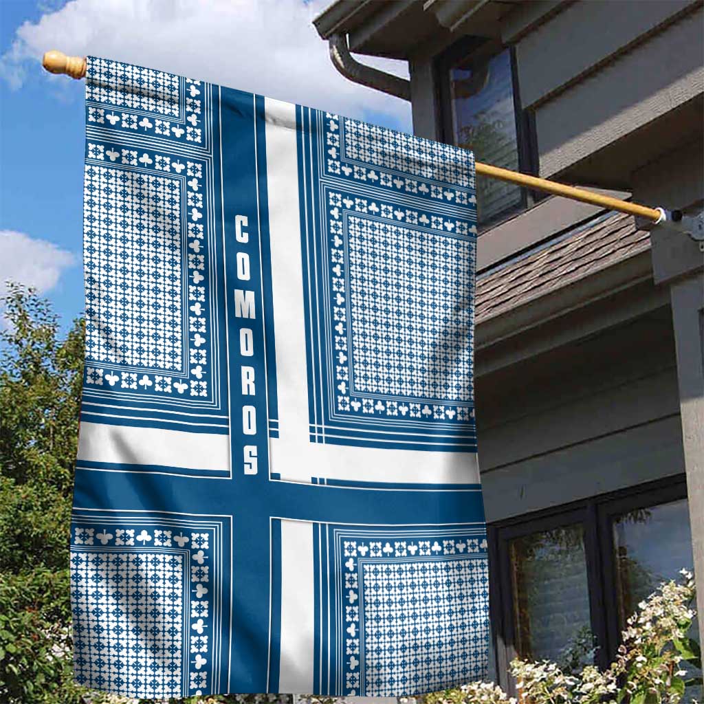 Comoros Garden Flag with Blue and White Traditional Geometric Pattern and National Flag Detail