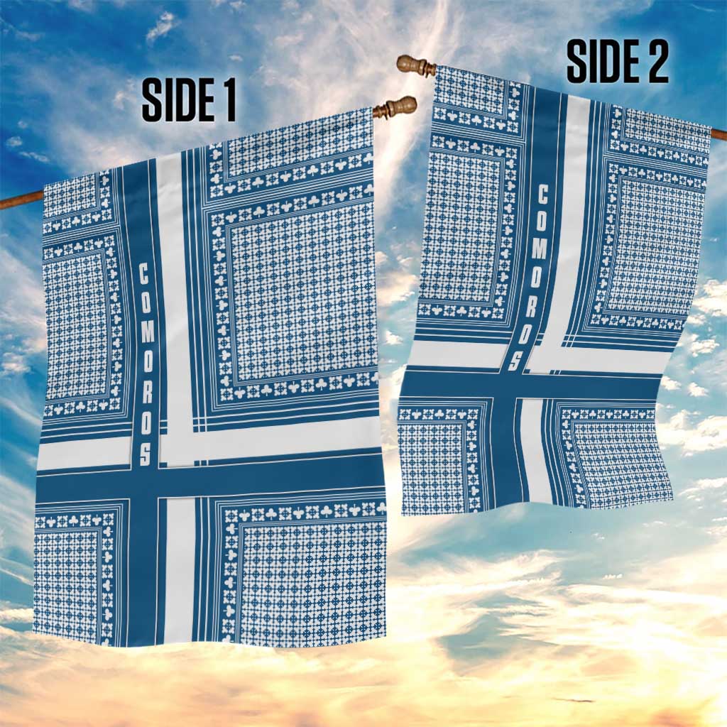 Comoros Garden Flag with Blue and White Traditional Geometric Pattern and National Flag Detail