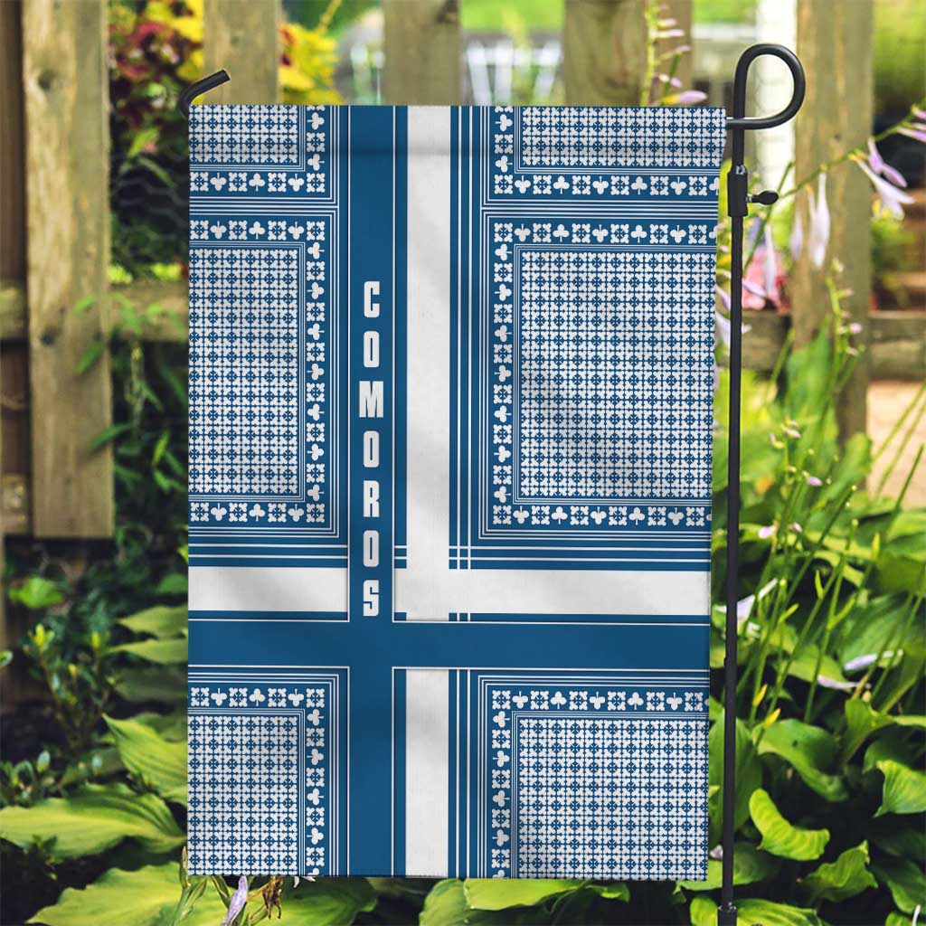 Comoros Garden Flag with Blue and White Traditional Geometric Pattern and National Flag Detail