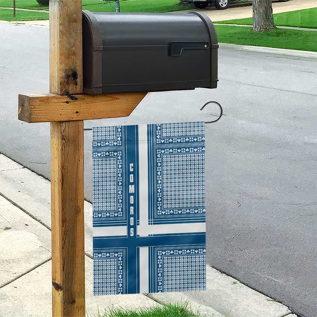 Comoros Garden Flag with Blue and White Traditional Geometric Pattern and National Flag Detail