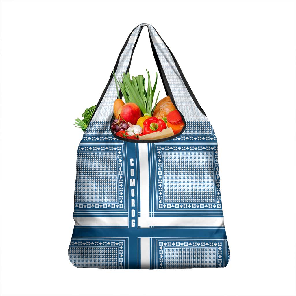 Comoros Grocery Bag with Blue and White Traditional Geometric Pattern and National Flag Detail