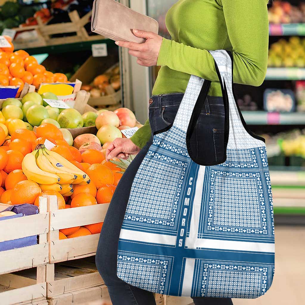 Comoros Grocery Bag with Blue and White Traditional Geometric Pattern and National Flag Detail