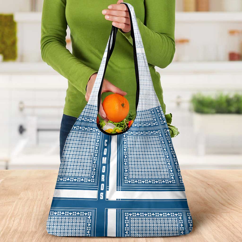 Comoros Grocery Bag with Blue and White Traditional Geometric Pattern and National Flag Detail