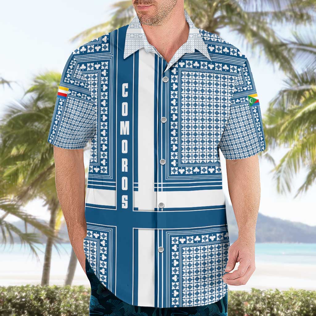 Comoros Hawaiian Shirt with Blue and White Traditional Geometric Pattern and National Flag Detail