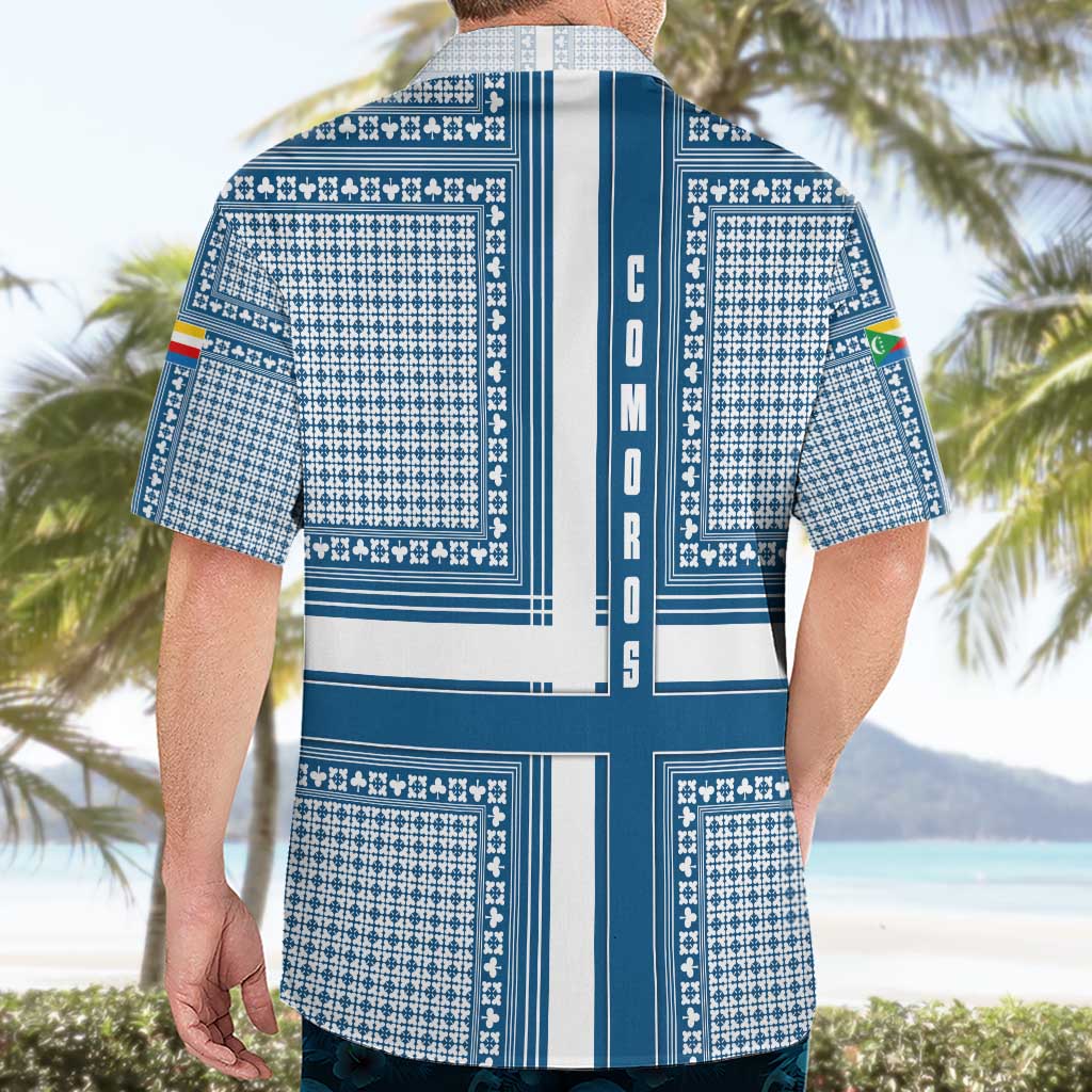 Comoros Hawaiian Shirt with Blue and White Traditional Geometric Pattern and National Flag Detail