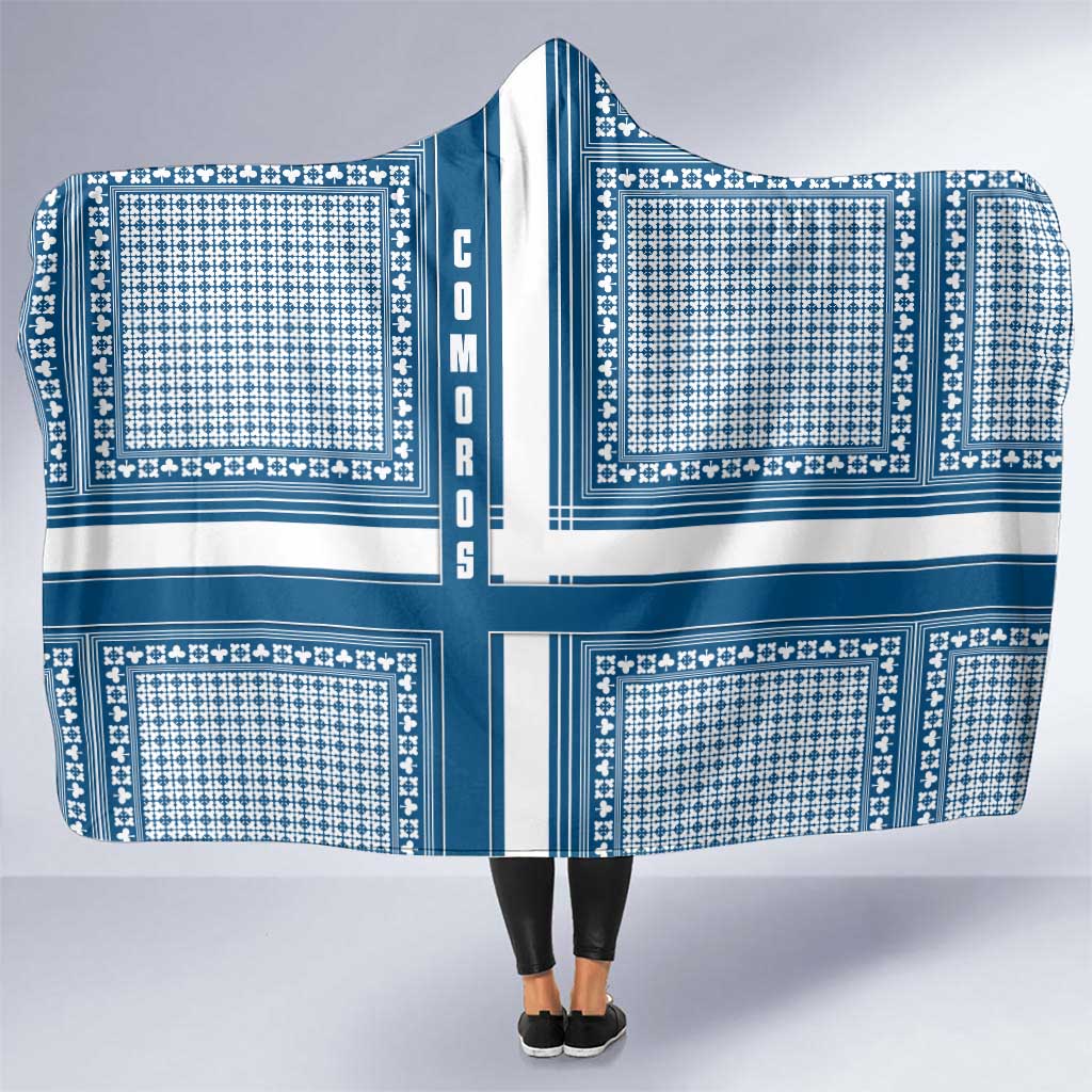 Comoros Hooded Blanket with Blue and White Traditional Geometric Pattern and National Flag Detail