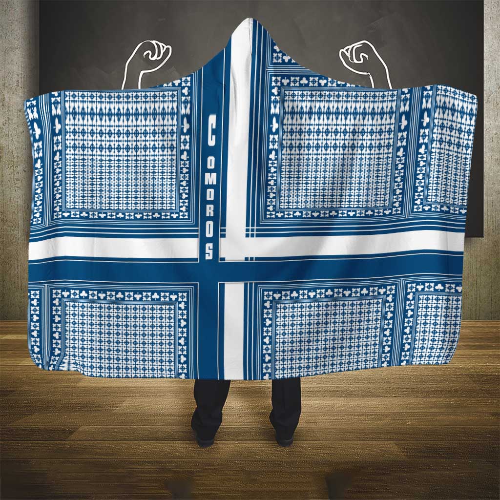 Comoros Hooded Blanket with Blue and White Traditional Geometric Pattern and National Flag Detail