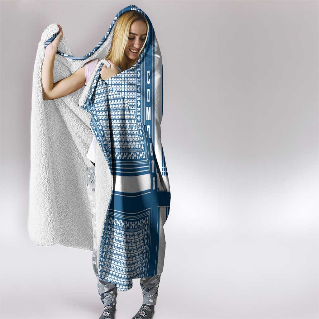 Comoros Hooded Blanket with Blue and White Traditional Geometric Pattern and National Flag Detail