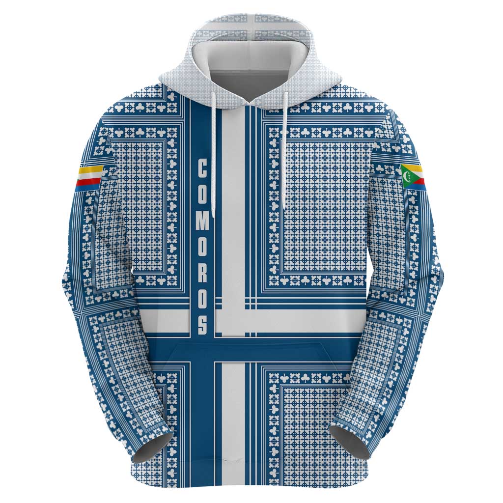 Comoros Hoodie with Blue and White Traditional Geometric Pattern and National Flag Detail