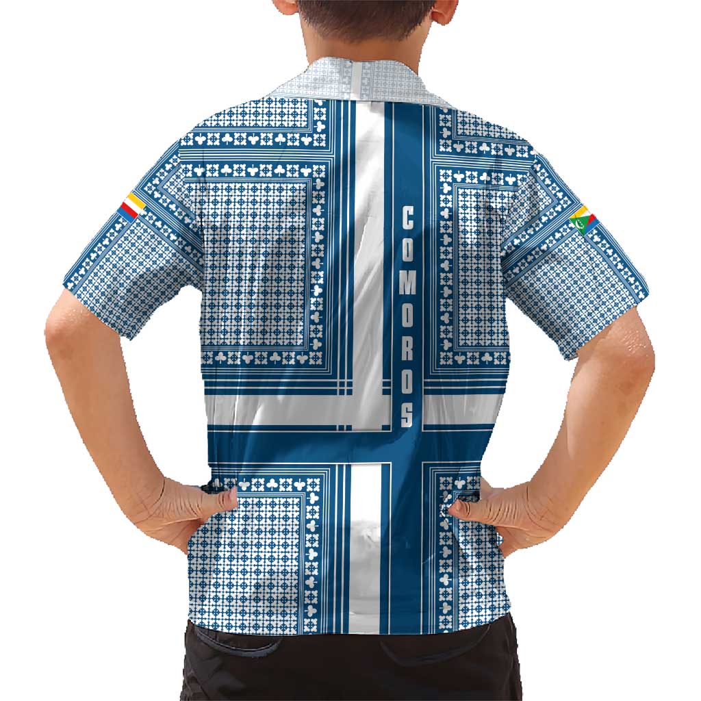 Comoros Kid Hawaiian Shirt with Blue and White Traditional Geometric Pattern and National Flag Detail