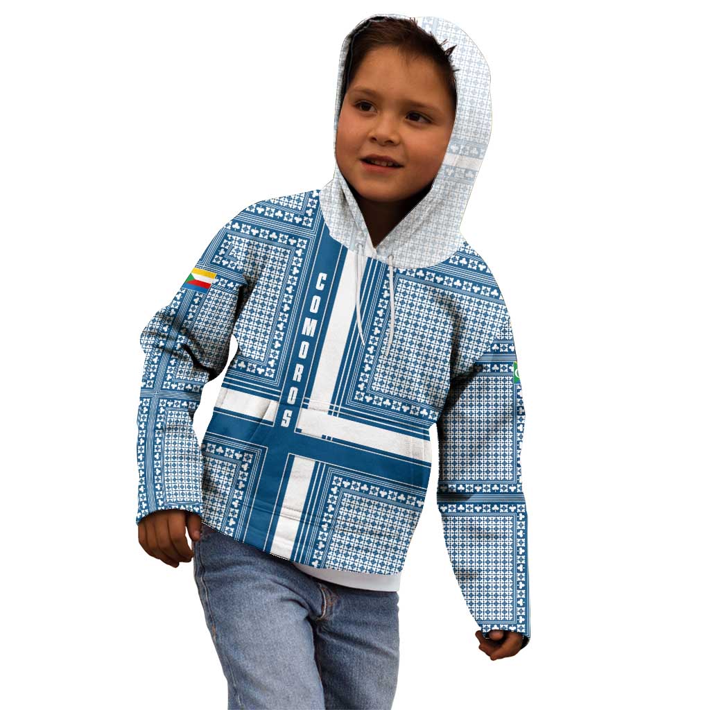 Comoros Kid Hoodie with Blue and White Traditional Geometric Pattern and National Flag Detail