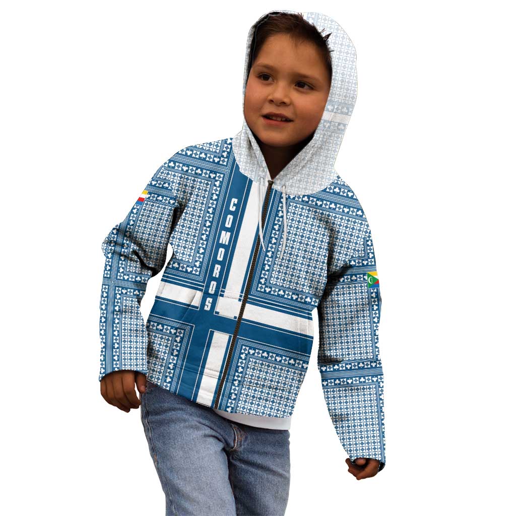 Comoros Kid Hoodie with Blue and White Traditional Geometric Pattern and National Flag Detail