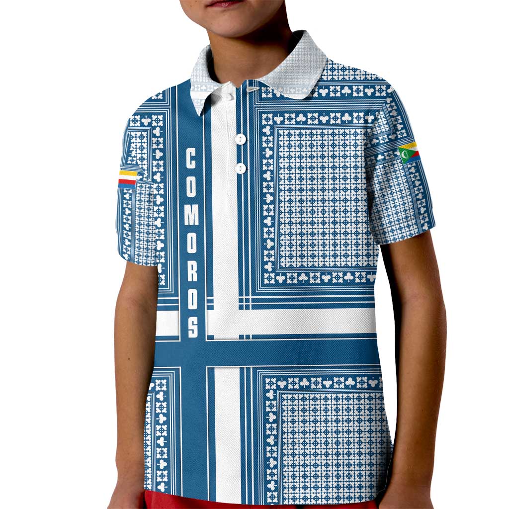 Comoros Kid Polo Shirt with Blue and White Traditional Geometric Pattern and National Flag Detail