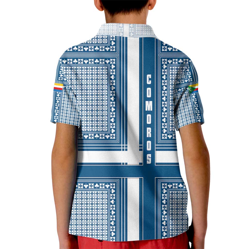 Comoros Kid Polo Shirt with Blue and White Traditional Geometric Pattern and National Flag Detail