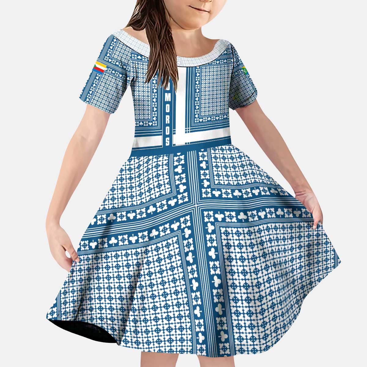 Comoros Kid Short Sleeve Dress with Blue and White Traditional Geometric Pattern and National Flag Detail