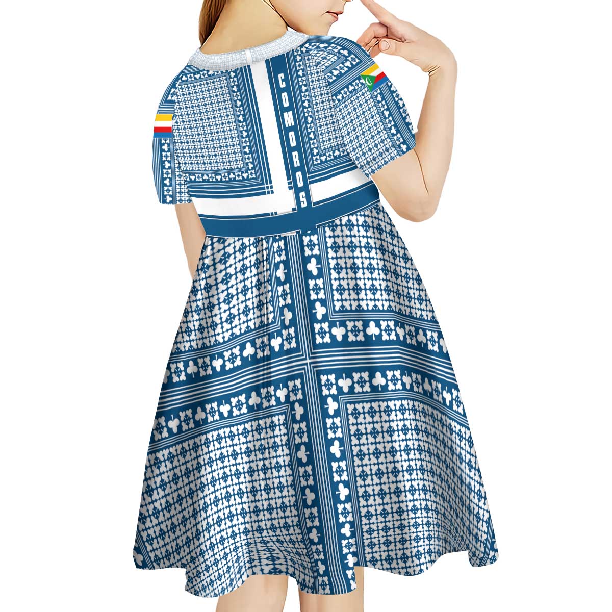 Comoros Kid Short Sleeve Dress with Blue and White Traditional Geometric Pattern and National Flag Detail