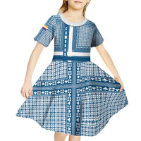 Comoros Kid Short Sleeve Dress with Blue and White Traditional Geometric Pattern and National Flag Detail