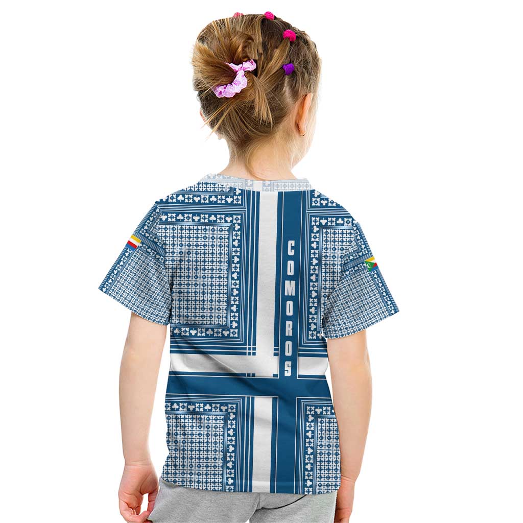 Comoros Kid T Shirt with Blue and White Traditional Geometric Pattern and National Flag Detail