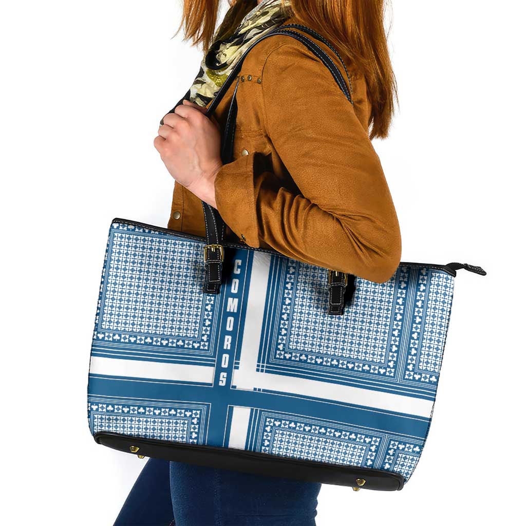 Comoros Leather Tote Bag with Blue and White Traditional Geometric Pattern and National Flag Detail