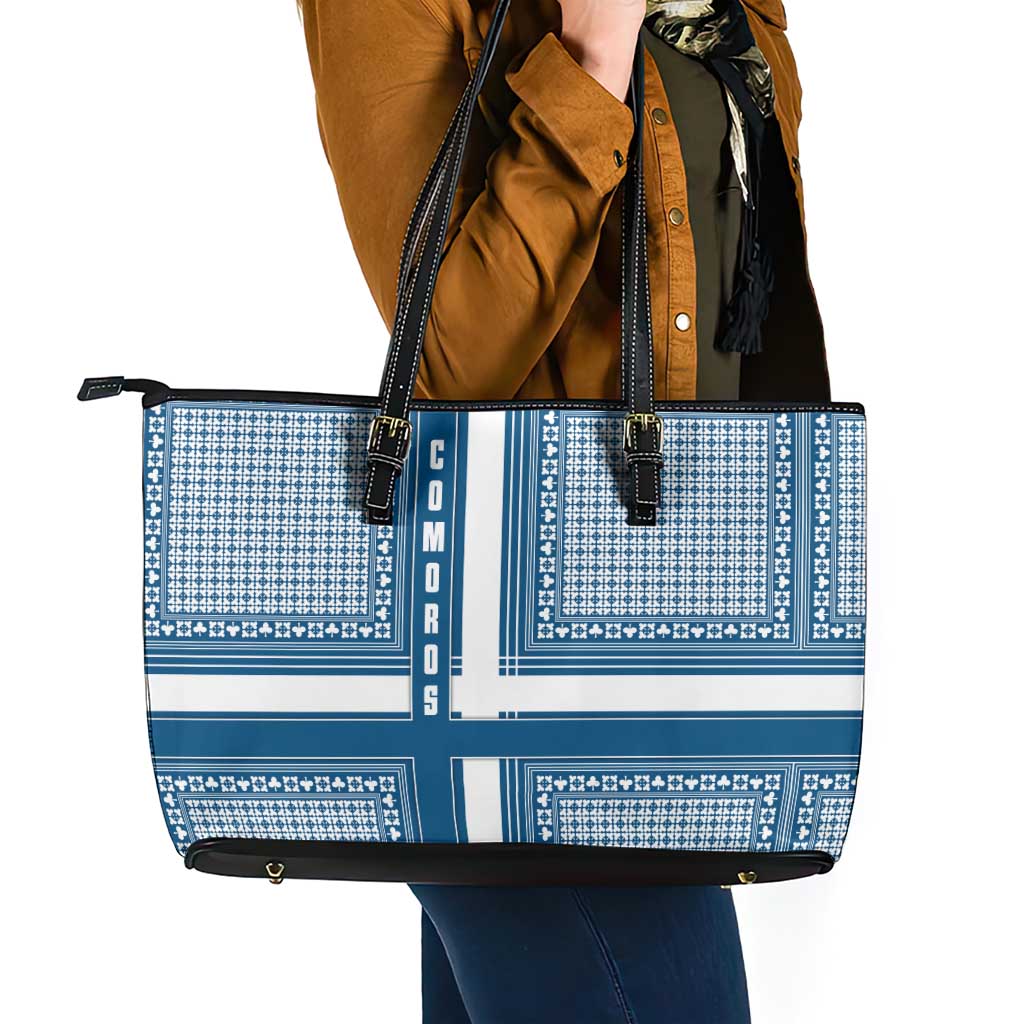 Comoros Leather Tote Bag with Blue and White Traditional Geometric Pattern and National Flag Detail