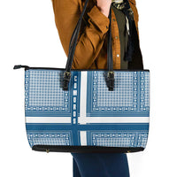 Comoros Leather Tote Bag with Blue and White Traditional Geometric Pattern and National Flag Detail