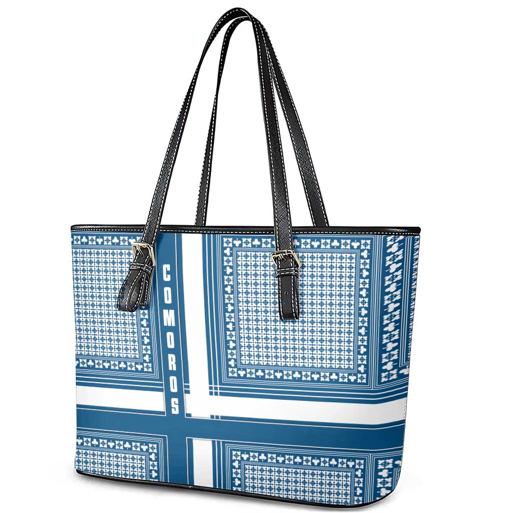 Comoros Leather Tote Bag with Blue and White Traditional Geometric Pattern and National Flag Detail