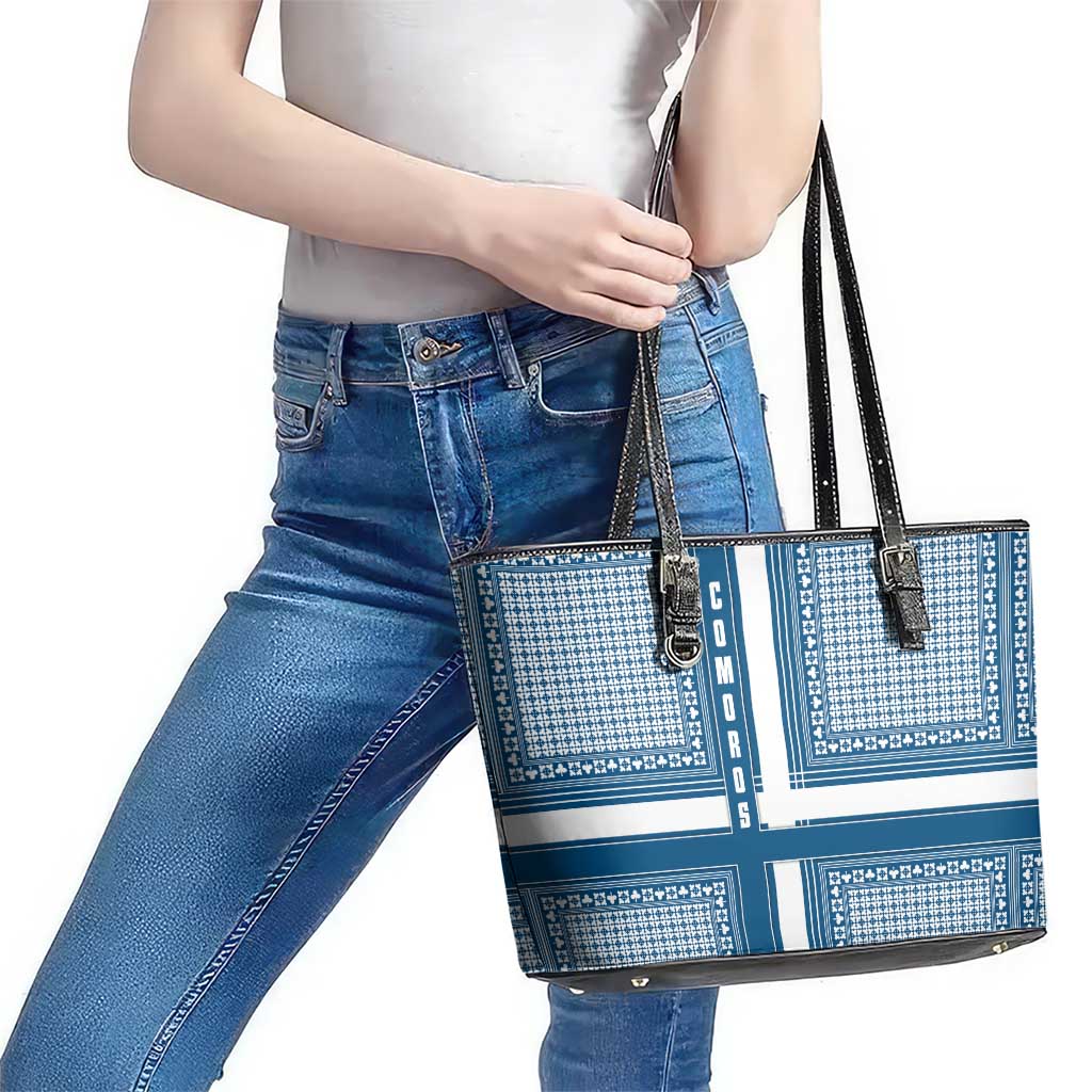 Comoros Leather Tote Bag with Blue and White Traditional Geometric Pattern and National Flag Detail
