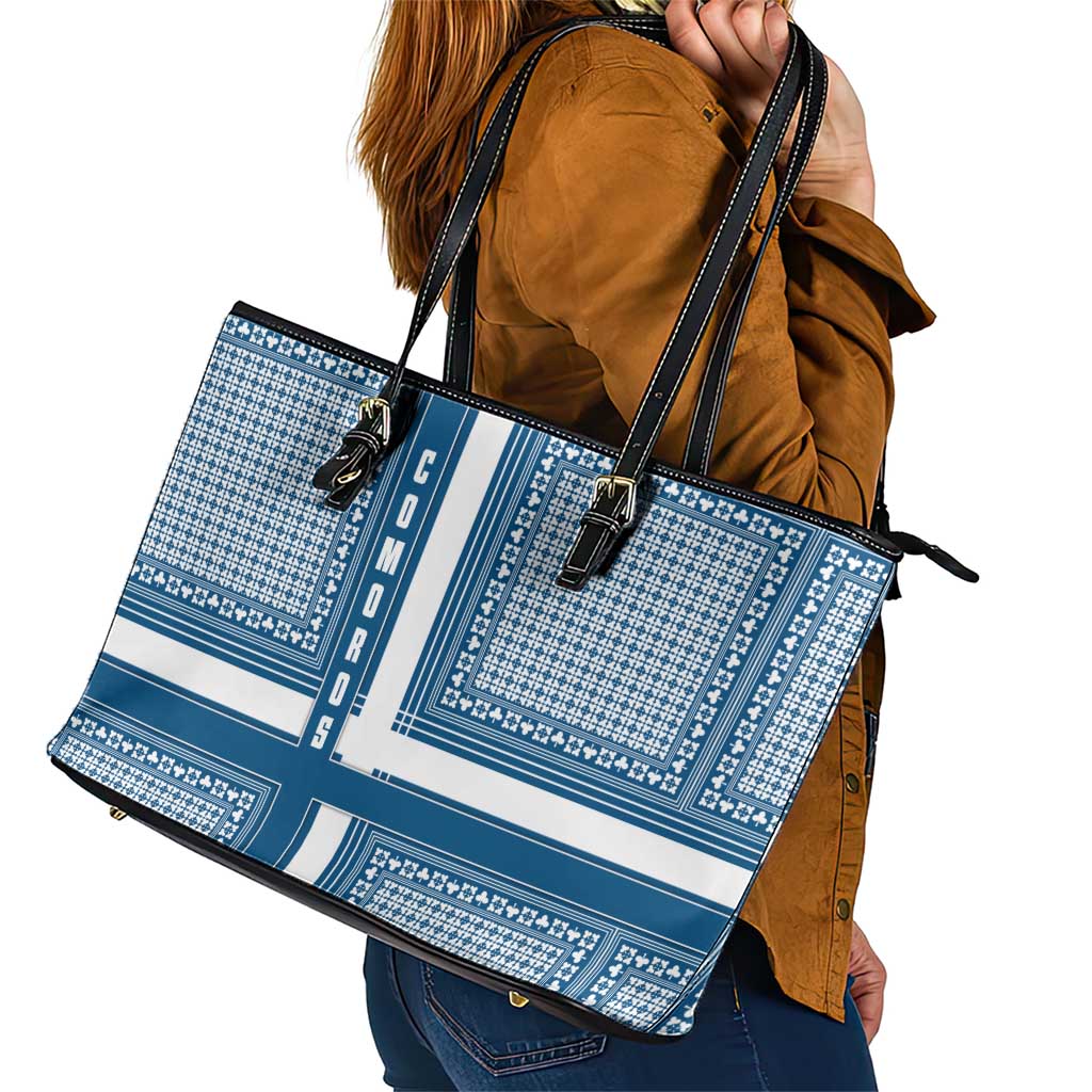 Comoros Leather Tote Bag with Blue and White Traditional Geometric Pattern and National Flag Detail