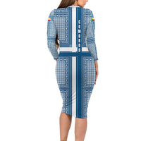 Comoros Long Sleeve Bodycon Dress with Blue and White Traditional Geometric Pattern and National Flag Detail