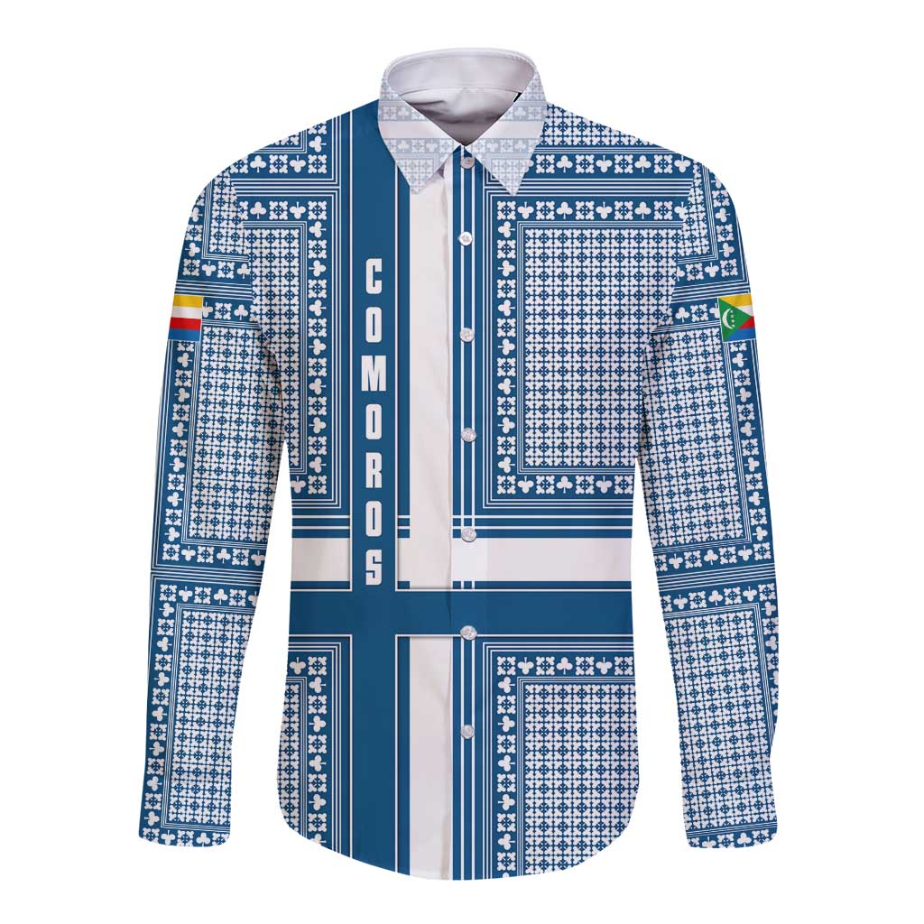 Comoros Long Sleeve Button Shirt with Blue and White Traditional Geometric Pattern and National Flag Detail