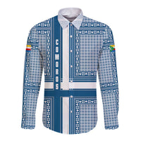 Comoros Long Sleeve Button Shirt with Blue and White Traditional Geometric Pattern and National Flag Detail