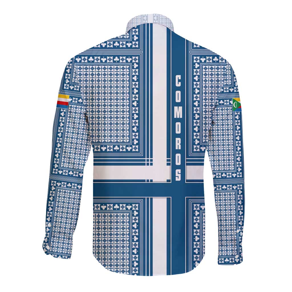 Comoros Long Sleeve Button Shirt with Blue and White Traditional Geometric Pattern and National Flag Detail