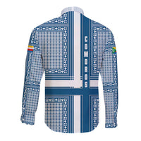 Comoros Long Sleeve Button Shirt with Blue and White Traditional Geometric Pattern and National Flag Detail