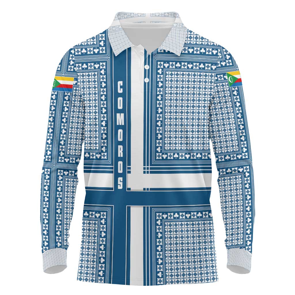 Comoros Long Sleeve Polo Shirt with Blue and White Traditional Geometric Pattern and National Flag Detail
