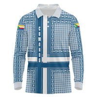 Comoros Long Sleeve Polo Shirt with Blue and White Traditional Geometric Pattern and National Flag Detail