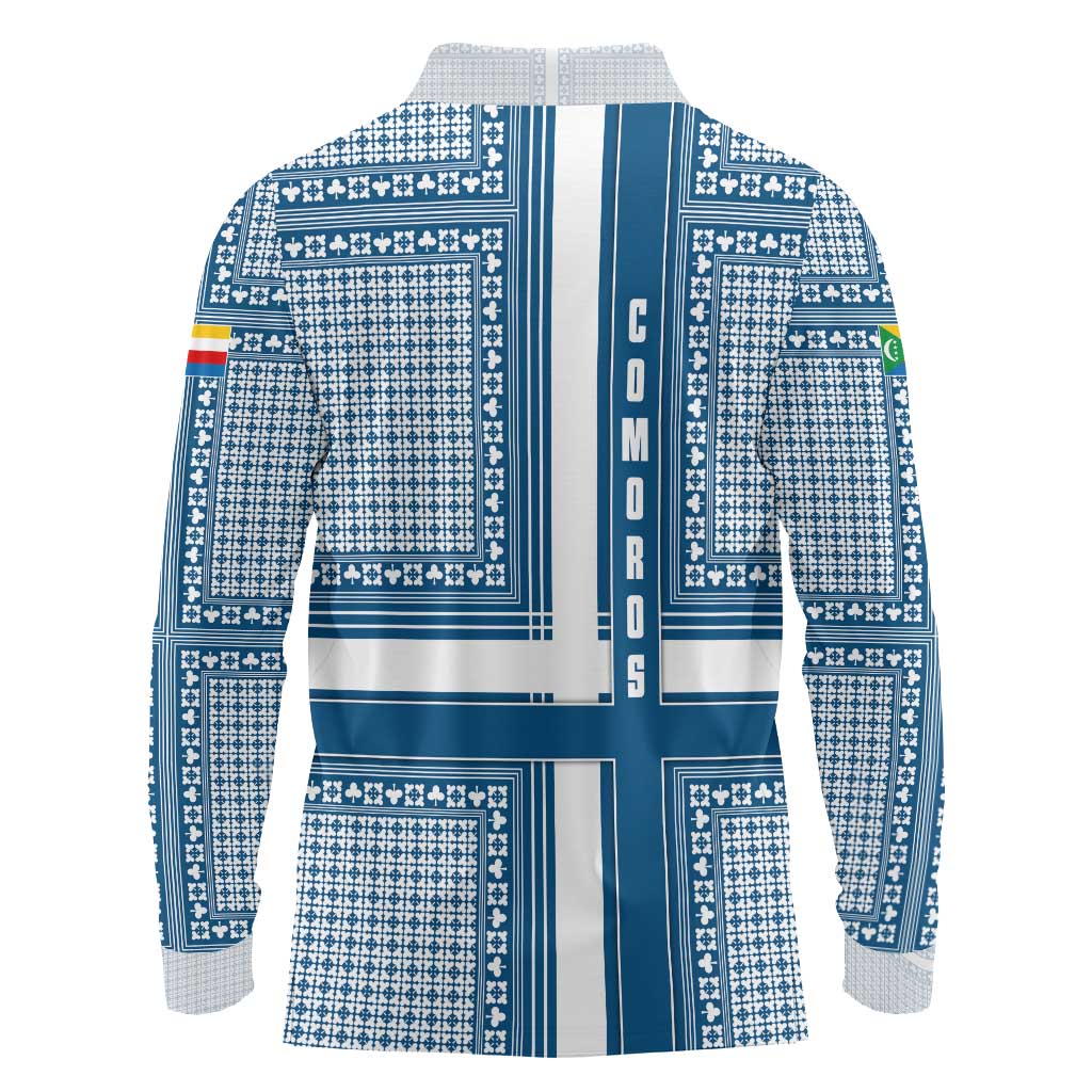 Comoros Long Sleeve Polo Shirt with Blue and White Traditional Geometric Pattern and National Flag Detail