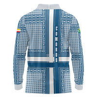 Comoros Long Sleeve Polo Shirt with Blue and White Traditional Geometric Pattern and National Flag Detail