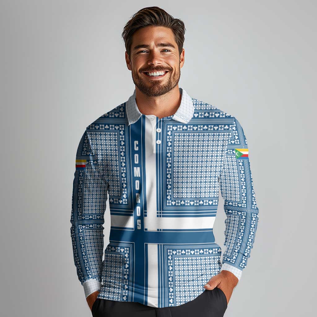Comoros Long Sleeve Polo Shirt with Blue and White Traditional Geometric Pattern and National Flag Detail