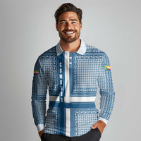 Comoros Long Sleeve Polo Shirt with Blue and White Traditional Geometric Pattern and National Flag Detail