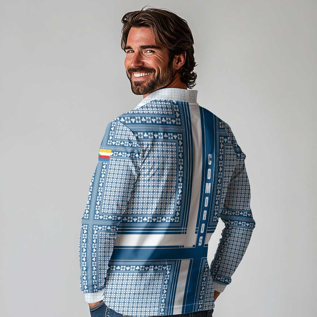 Comoros Long Sleeve Polo Shirt with Blue and White Traditional Geometric Pattern and National Flag Detail