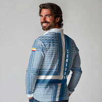 Comoros Long Sleeve Polo Shirt with Blue and White Traditional Geometric Pattern and National Flag Detail