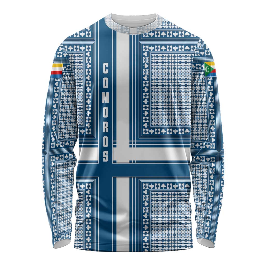 Comoros Long Sleeve Shirt with Blue and White Traditional Geometric Pattern and National Flag Detail