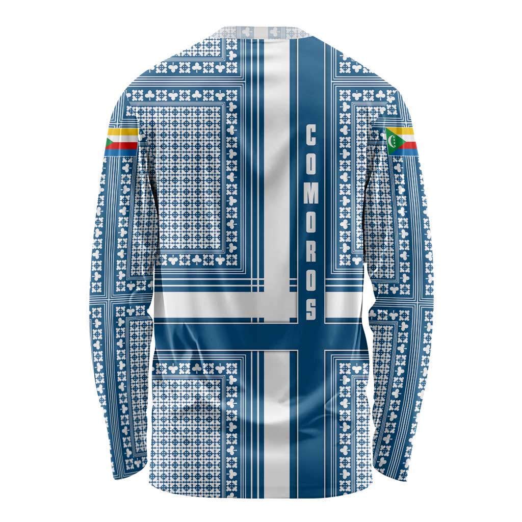 Comoros Long Sleeve Shirt with Blue and White Traditional Geometric Pattern and National Flag Detail