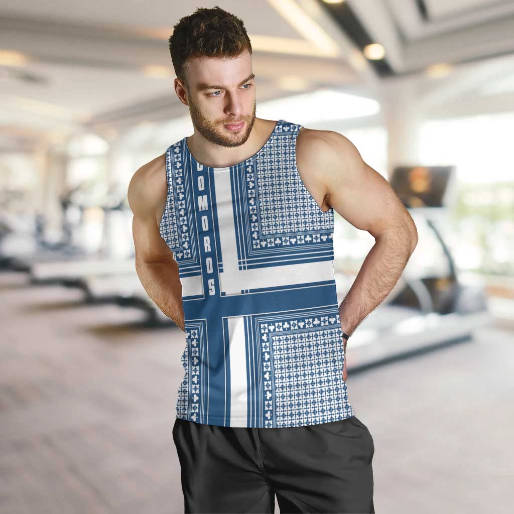 Comoros Men Tank Top with Blue and White Traditional Geometric Pattern and National Flag Detail