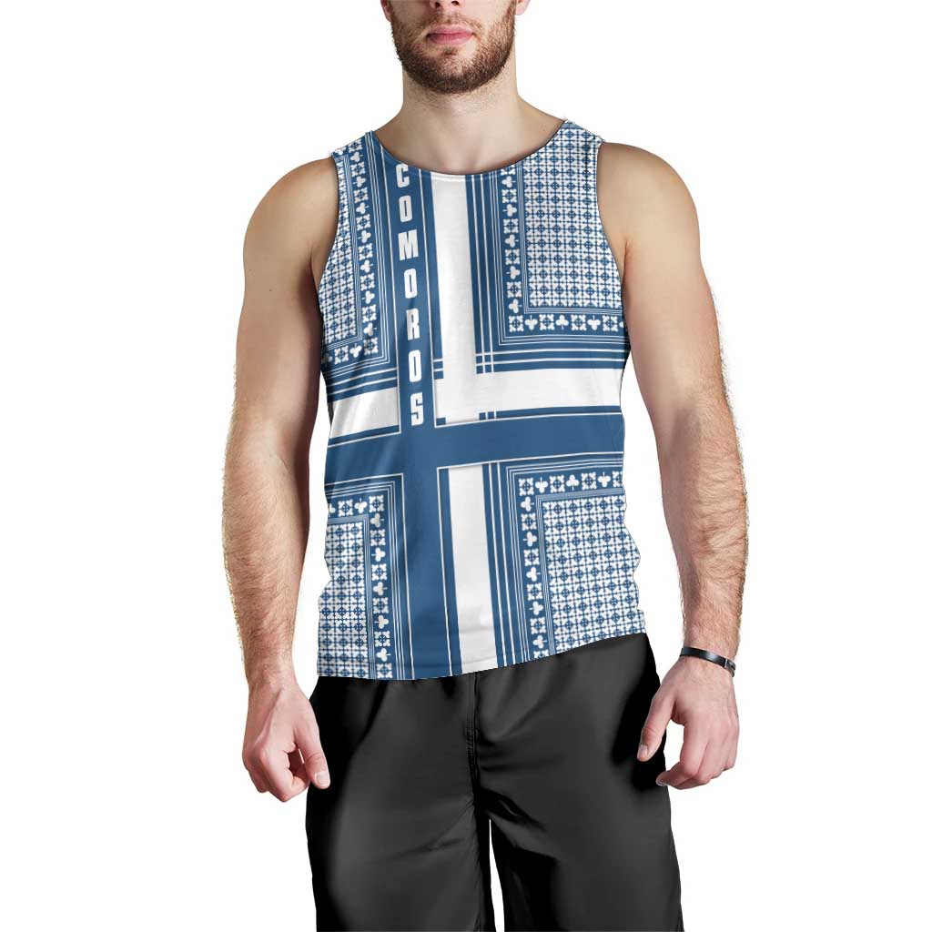 Comoros Men Tank Top with Blue and White Traditional Geometric Pattern and National Flag Detail