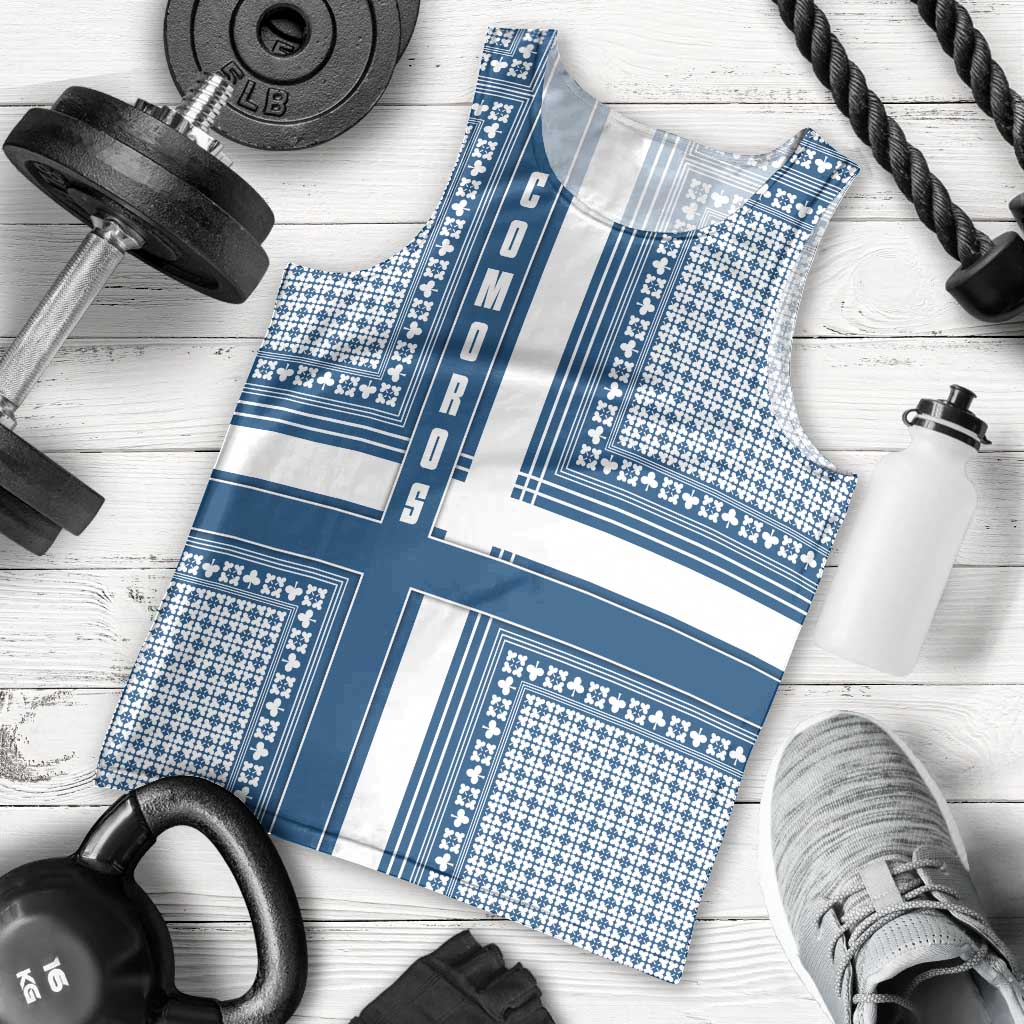 Comoros Men Tank Top with Blue and White Traditional Geometric Pattern and National Flag Detail