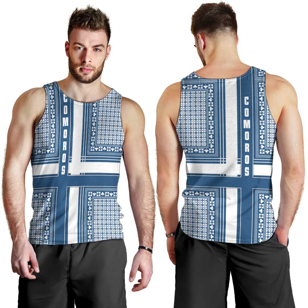 Comoros Men Tank Top with Blue and White Traditional Geometric Pattern and National Flag Detail